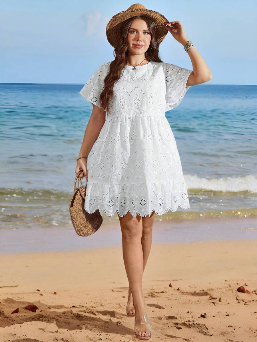 SHEIN LUNE Plus-Size Women'S Summer Boho White Embroidered Fabric Round Neck Short Sleeve Doll Version Loose Casual Dress - White - View 1
