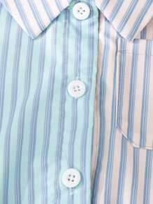 Mono de verano para niña con bloqueo de color, cuello de solapa, manga corta, rayas, minimalista, con cinturón, diseño de frente abierto, elegante y casual
