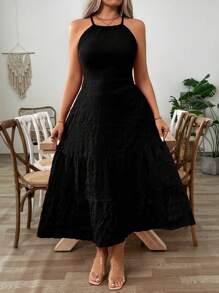 SHEIN Clasi Plus Size Women Solid Color Criss-Cross Back Casual Cami Dress - Black - View 6