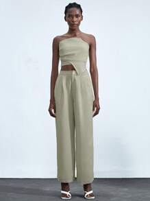 Lumivelle Women's Apricot Casual Strapless Asymmetrical Hem Woven Fabric Top - Apricot - View 5