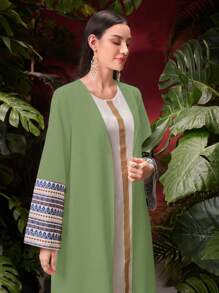 Al Najma Women's Modest Maxi Abaya Dress: Elegant Green Woven Fabric With Long Sleeves, Round Neck, And Ornate Tape Details,Robe - Green - View 8