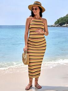 SHEIN Vestido de maternidad entallado sin espalda a rayas casual de vacaciones