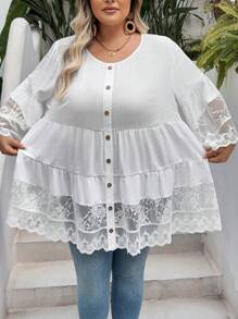SHEIN CURVE+ Plus Size Women's 3/4 Sleeve Lace Patchwork Loose White Shirt, Suitable For Casual Vacation, Boho Beach - White - View 10