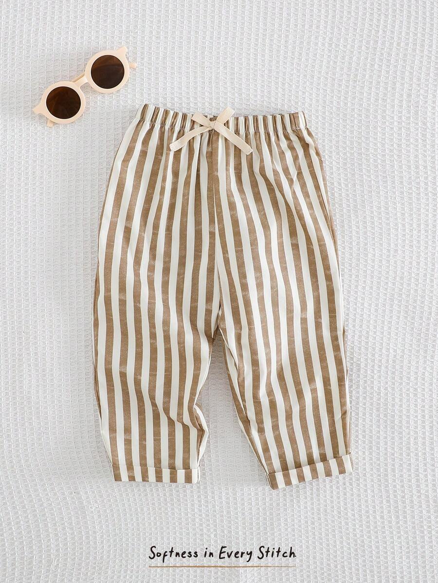 Cozy Pixies 男婴彩色条纹弹力腰休闲舒适裤，百搭 - 棕色 - 查看 1