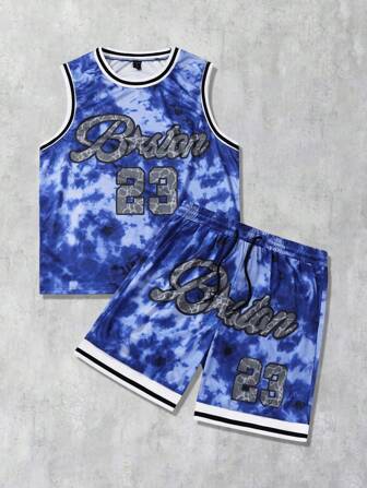Prep Set de 2 piezas formado por camiseta de tirantes con estampado de letras y pantalones cortos, adecuado para uso diario en primavera/verano, para hombres