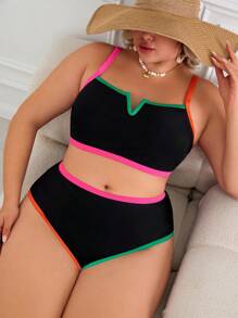 SHEIN CURVE+ Plus Size Women Sexy Two Pieces Bikini Set Set, Halter Bikini Top And Bottom, Summer Holiday