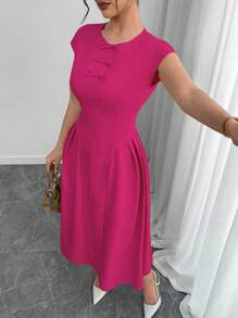 Chiquease Đầm nữ tay ngắn trang trí nơ màu trơn thanh lịch - Màu Hồng Tươi - Xem 3