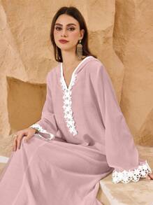 Al Najma Elegant Flared Sleeve Front Floral Lace Decor Maxi A-Line Arabian Dress, Spring/Summer,Modest - Pink - View 1