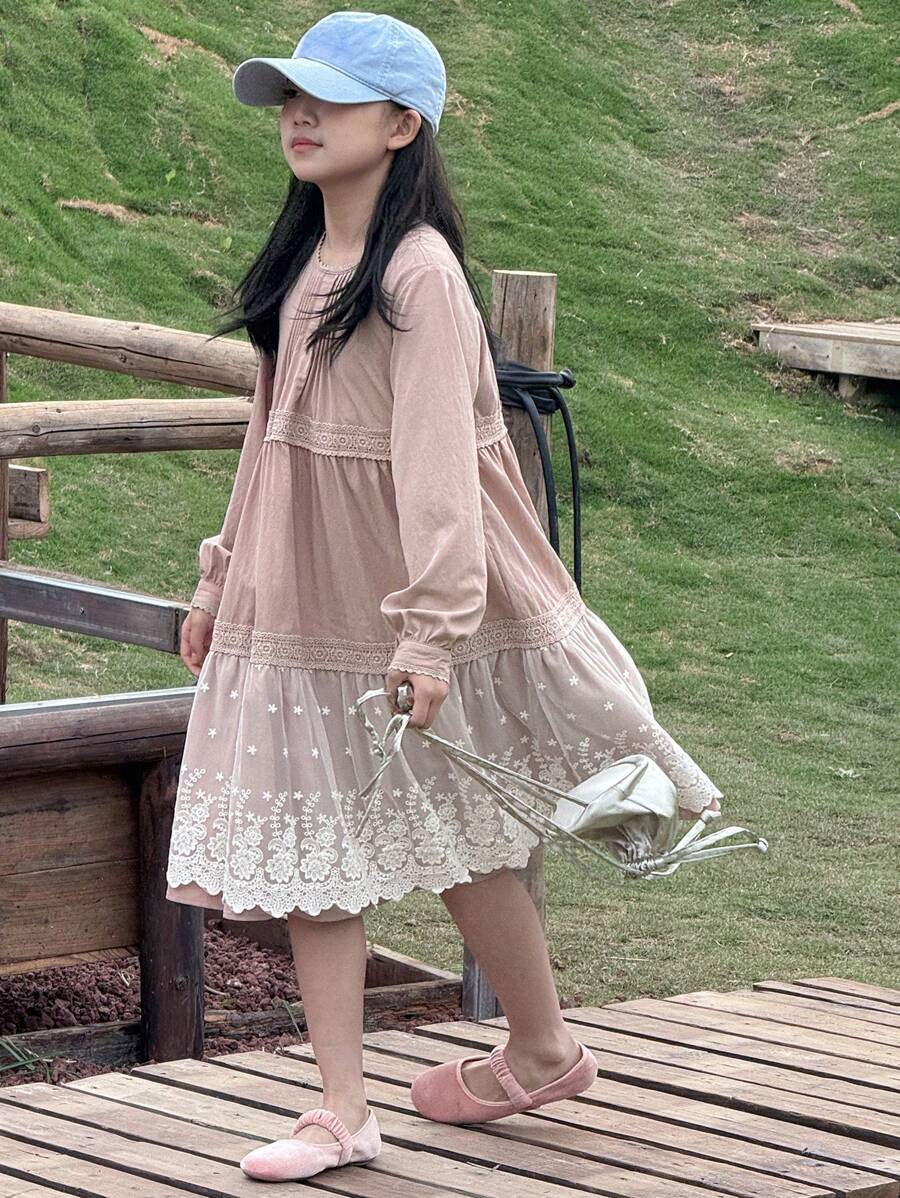 DAZY Tween Girls Mid-Long A-Line Lace Patchwork Solid Color Princess Round Neck Long Sleeve Tween Girl Dress Vacation - Pink - View 1