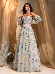 Glamrae 优雅多色浪漫华丽定位网眼刺绣管（可拆卸）灯笼长袖超大 A 字裙，配有可调节肩带，适合约会、海滩度假、生日、成人仪式、派对、毕业返校季、婚礼活动、婚礼宾客、晚宴舞会礼服、正式礼服、晚礼服、礼服 - 彩色 - 查看 7