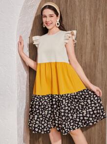 SHEIN Áo chui đầu đi nghỉ thường ngày cổ tròn mùa xuân và mùa hè cho bé gái tuổi teen có tay bồng, váy chữ A rộng rãi màu vàng kaki, váy đi biển, kỳ nghỉ bên bờ biển, váy đi nghỉ/phong cách Bohemia/Boho/quần short cho trang phục đi nghỉ hè/bãi biển - Nhiều màu - Xem 3