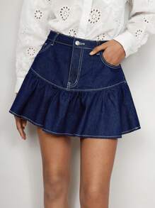 Maija Women's Blue Denim Skirt With Ruffle Hem - Dark Wash - View 4