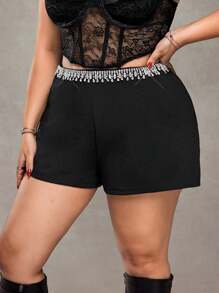 SHEIN ICON Plus Size High Waist Rhinestone Decorated Shorts With Pockets
