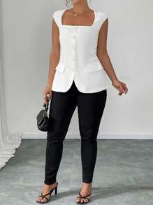 Elenzga Áo blazer/vest nữ cỡ lớn thanh lịch, cổ vuông, không tay, mỏng nhẹ, thích hợp cho lễ tốt nghiệp, tựu trường, hoặc dành cho giáo viên. - trắng - Xem 3