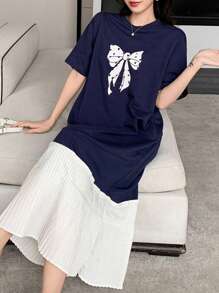 DAZY Women's Bow Patchwork Round Neck Short Sleeve Casual Dress Sundress Maxi Dress - Navy Blue - View 9