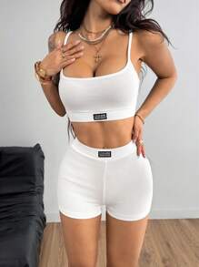 Coolane Women's Cool Street Style Ultra Cropped Tank Top And Branded Shorts Two Pieces Set - White - View 6