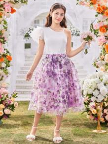 2pcs/Set Elegant Purple Ditsy Floral Sleeveless Top And Mini Skirt Set, Fashion Design For Teens - White - View 5