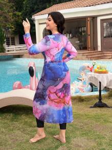 Swim Shayni Plus Size Women's Bohemian Style Burkini Set, Black Patchwork Asymmetrical Camouflage Print Front Zipper Design, Mesh Print Skirt, Modest Long Sleeve Long Pants, One Piece Swimsuit For Beach Holiday For Summer Beach Vacation - Multicolor - View 3