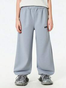 SHEIN Tween Boy Energetic Letter Print Pants, Suitable For Home Relaxation, Play, Outdoor Shopping, Walking, Skateboarding, Party, Music Festival, Hanging Out With Friends - Light Grey - View 1