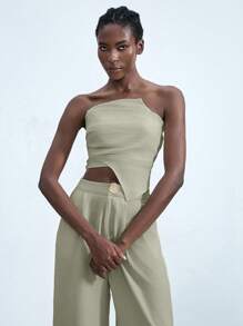 Lumivelle Women's Apricot Casual Strapless Asymmetrical Hem Woven Fabric Top - Apricot - View 3
