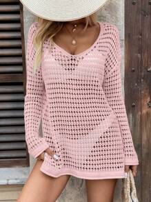 LanaWest Women's Vacation Solid Color Drop Shoulder Long Sleeve Casual Loose Cover Up Top For Summer