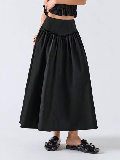 LYSMO Women's Casual Commute Solid Color High Waist Long Skirt