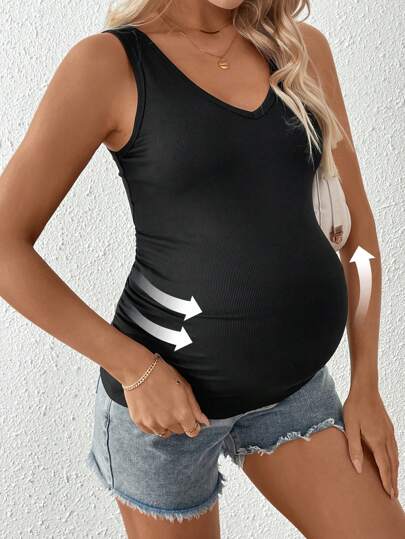 SHEIN 孕妇休闲纯色褶饰修身吊带背心