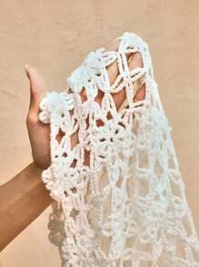 Anewsta Vacation Style 3D Floral Sexy Hollow Out Cropped Knit Top, Spring/Summer - White - View 8