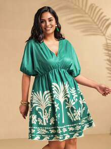 Breezaya 大码女式棕榈树印花蝙蝠袖休闲连衣裙