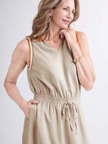 SHEIN LUNE Spring/Summer Casual Solid O-Neck Sleeveless Elasticated Waist Long Dress For Women - Khaki - View 7