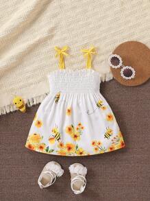 Baby Girl Dress With Floral Print Skirt And Contrast Bow Shoulder Straps, Summer - White - View 6