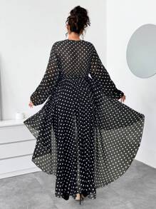 Elenzga Plus Size Women's Elegant Black Dot Print Chiffon Long Sleeve V-Neck High-Low Hem Blouse & Fitted Long Pants 2 Pieces Set - Black - View 2
