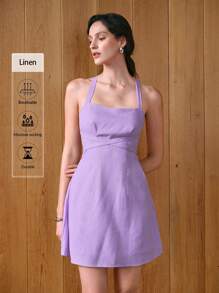 Uhlyne 女士亚麻束腰露背 A 字下摆斜口袋迷你连衣裙，优雅