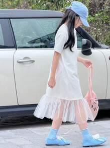 DAZY Váy lưới đan cổ tròn tương phản cho bé gái tuổi mới lớn, mùa hè, quần áo trở lại trường - trắng - Xem 5