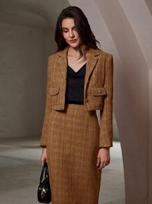 Aveloria Modichic 2pcs French Chic Tweed Notch Collar Jacket And Mini Skirt Set For Women, Autumn Holiday Party Clothes  Fall Cloth For Women