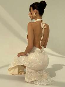 Aloruh Váy ren cổ điển gợi cảm hở lưng jacquard xẻ cao đa năng, váy dự tiệc & dạ hội, màu đỏ rượu vang - trắng - Xem 2