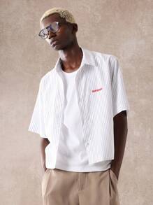 SUMWON 夏季超大号棒球纽扣衬衫短款上衣休闲运动街头短袖太阳标志印花都市时尚青年 - 白色 - 查看 6