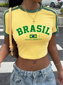 SHEIN EZwear Áo thun nữ tay ngắn bó sát họa tiết Brazil Colorblock, thích hợp cho mùa thể thao xuân/hè - Màu vàng - Xem 7