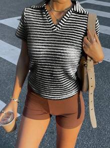 Siren Gaze Women V-Neck Short Sleeve T-Shirt, Designed Shoulder Short Slim Fit Casual Polo Tee For Summer - Black and White - View 4