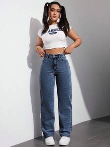 SHEIN EZwear Damen Lose Passform Gerade Bein Taschen Lässig Vielseitige Jeans