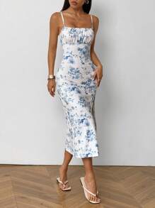 SHEIN EZwear 女士蓝色碎花侧开衩吊带裙 - 彩色 - 查看 4