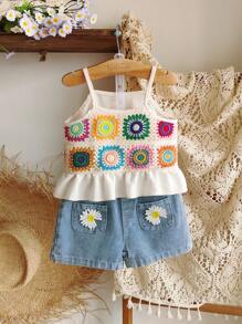 SHEIN 2 piezas Conjunto estilo vintage veraniego para niñas, top de estilo francés de camiseta y pantalones cortos de jean, adecuado para uso en exteriores - Multicolor - Ver 2