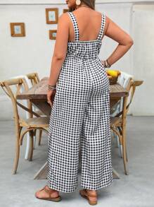 SHEIN LUNE 大码女式格子无袖侧袋休闲阔腿侧扣连体裤，适合秋季和夏季 - 黑色 - 查看 2