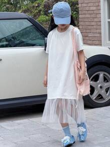 DAZY Váy lưới đan cổ tròn tương phản cho bé gái tuổi mới lớn, mùa hè, quần áo trở lại trường - trắng - Xem 4