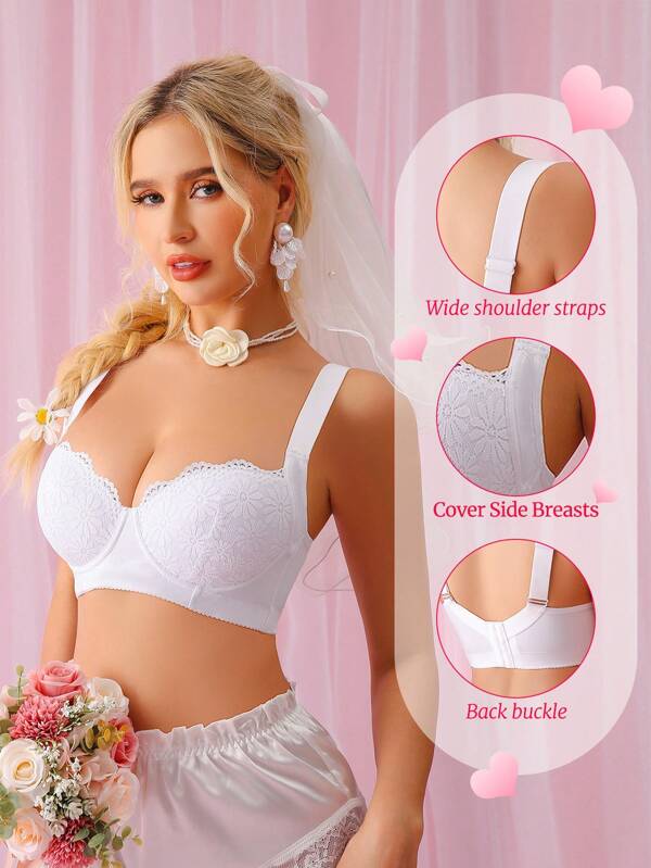 DesireSculpt Women's Lace Wedding Lingerie, Soft Comfortable Wide-Strap Padded Adjustable Support Bra With Underwire, 1pc