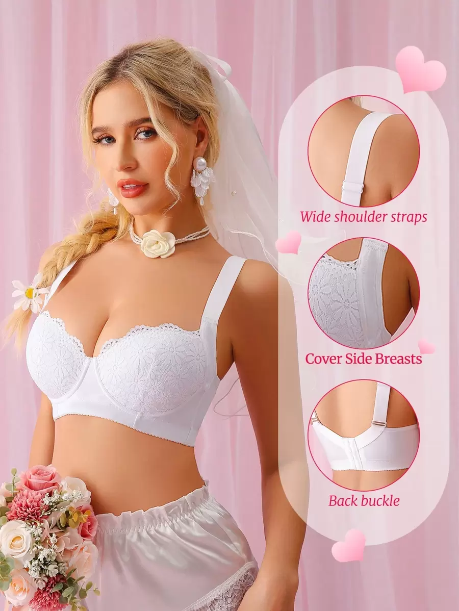 Women's Lace Wedding Lingerie, Soft Comfortable Wide-Strap Padded Adjustable Support Bra With Underwire, 1pc - White - View 1