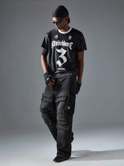 NEON BLANC Jeans de mezclilla lavados de corte holgado y de largo completo con bolsillos 3D para hombres, estilo de moda callejera