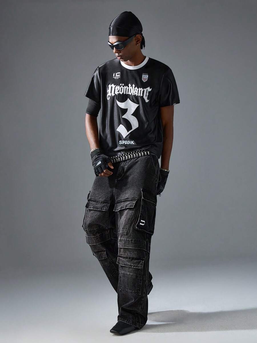 NEON BLANC Loose Fit Long Washed Denim Jeans With 3D Pockets For Men, Street Fashion Style - Black - View 1