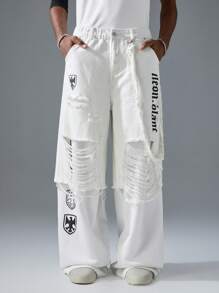 NEON BLANC 男士街头风格白色字母印花 3/4 长休闲牛仔裤 - 米色 - 查看 2