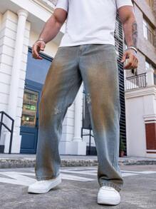 Manfinity Homme Jeans casuales de bolsillo con botón frontal sencillo, para uso diario de hombres - Lavado ligero - Ver 4